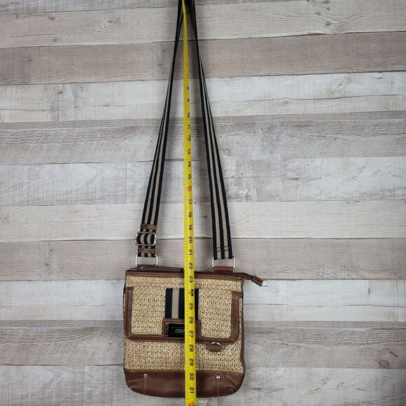 Crossbody Purse CHAPS Straw Vegan Faux Leather Cloth Strap Metal Logo Slim - Picture 12 of 16